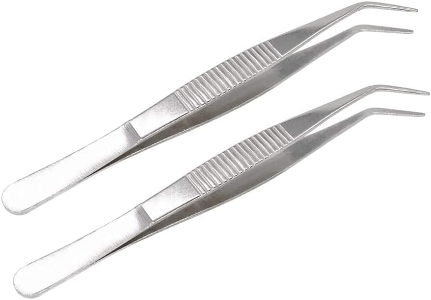 MMOBIEL 2 Pcs Stainless Steel Tweezers 12cm / 5inch with curved Serrated Tip Professional Multi Purpose Tongs Tool for Industrial work, Laboratory Use, Gardening, Cooking