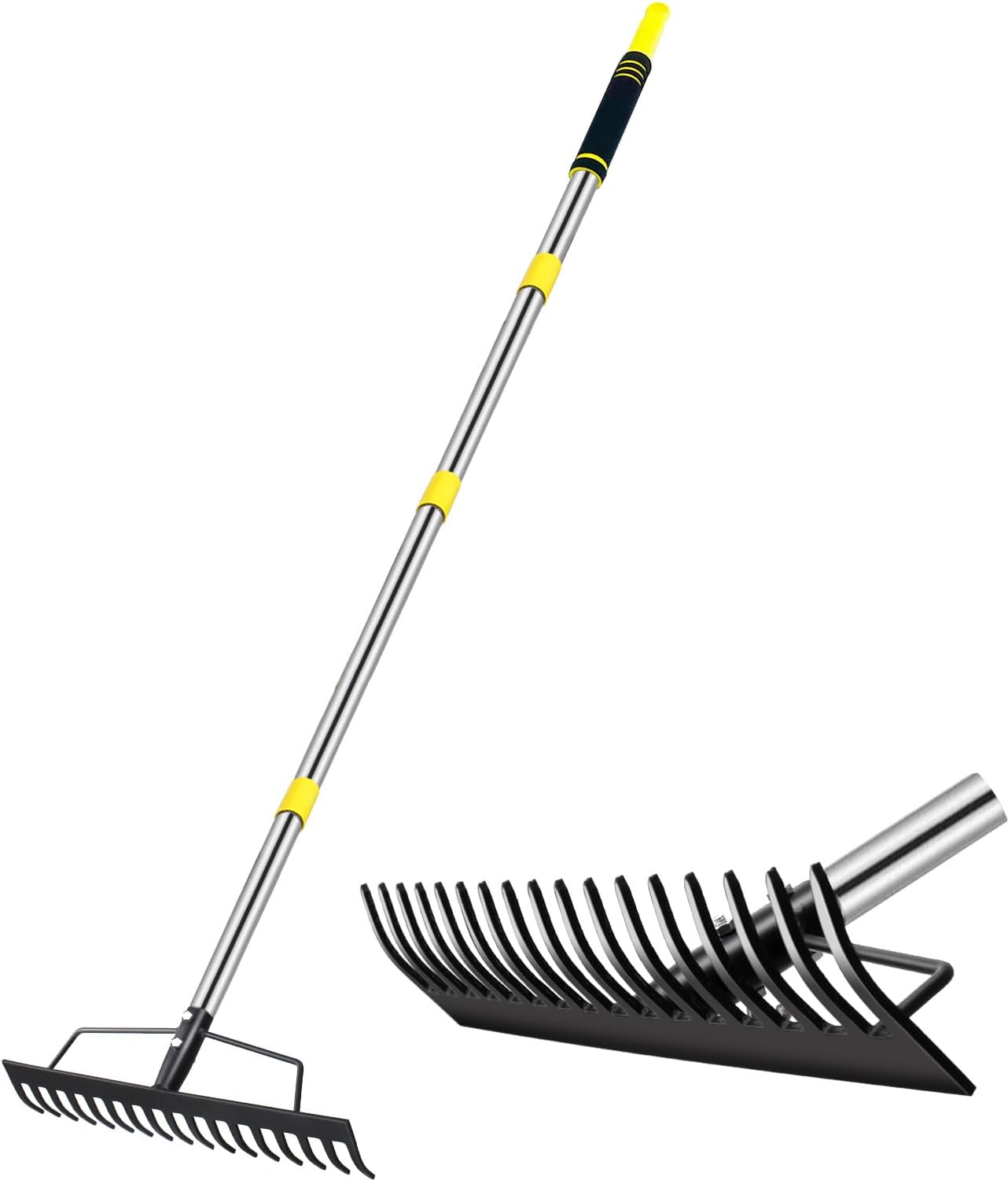 5.4FT Heavy Duty Garden Bow Rake with Stainless Steel Handle, 17 Tines Metal Head for Soil Loosening, Leaf Gathering, and Lawn Leveling (Black+Metallic Silver)