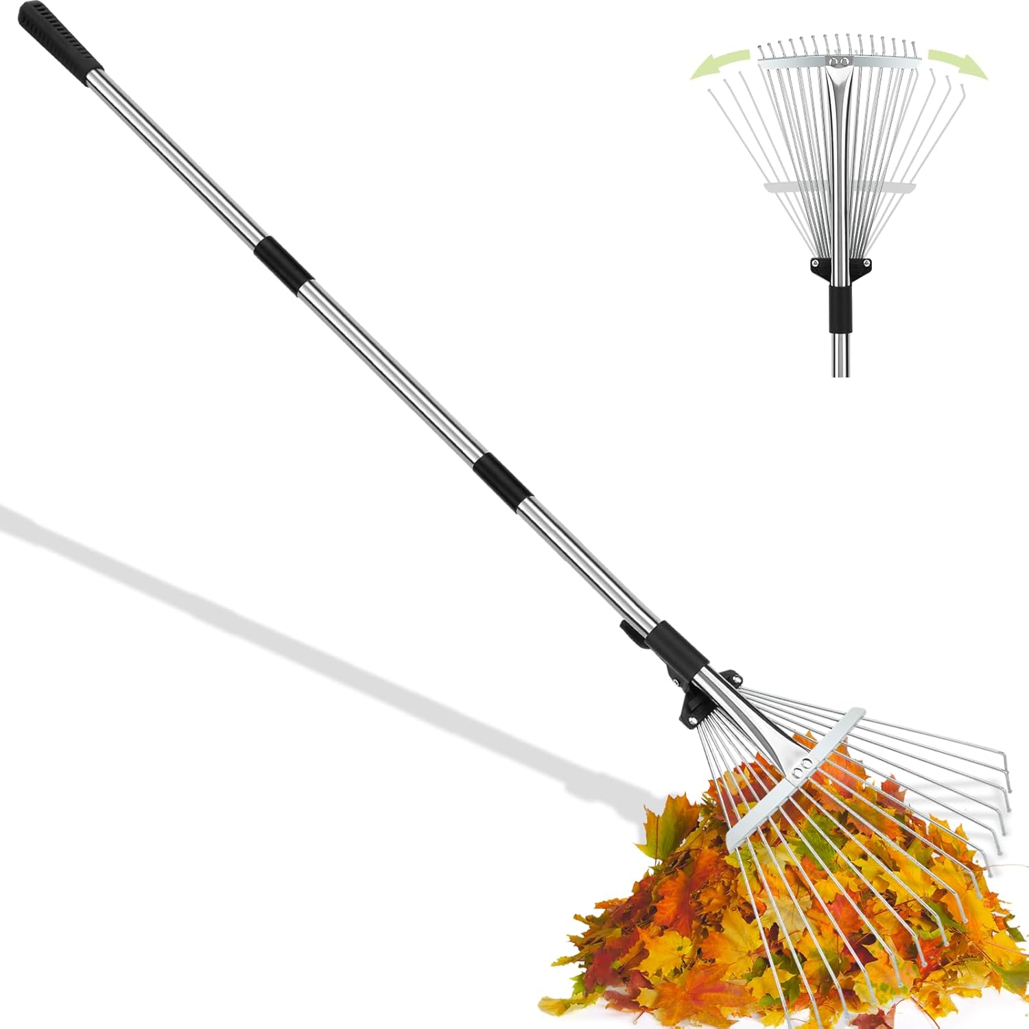 68" Heavy Duty Rake, Metal Leaf Rake with Detachable Handle, Garden Rake for Leaves with Expandable Tines, Thatch Rake Leaf Collector, Rakes for Lawns Heavy Duty Leaves, Debris