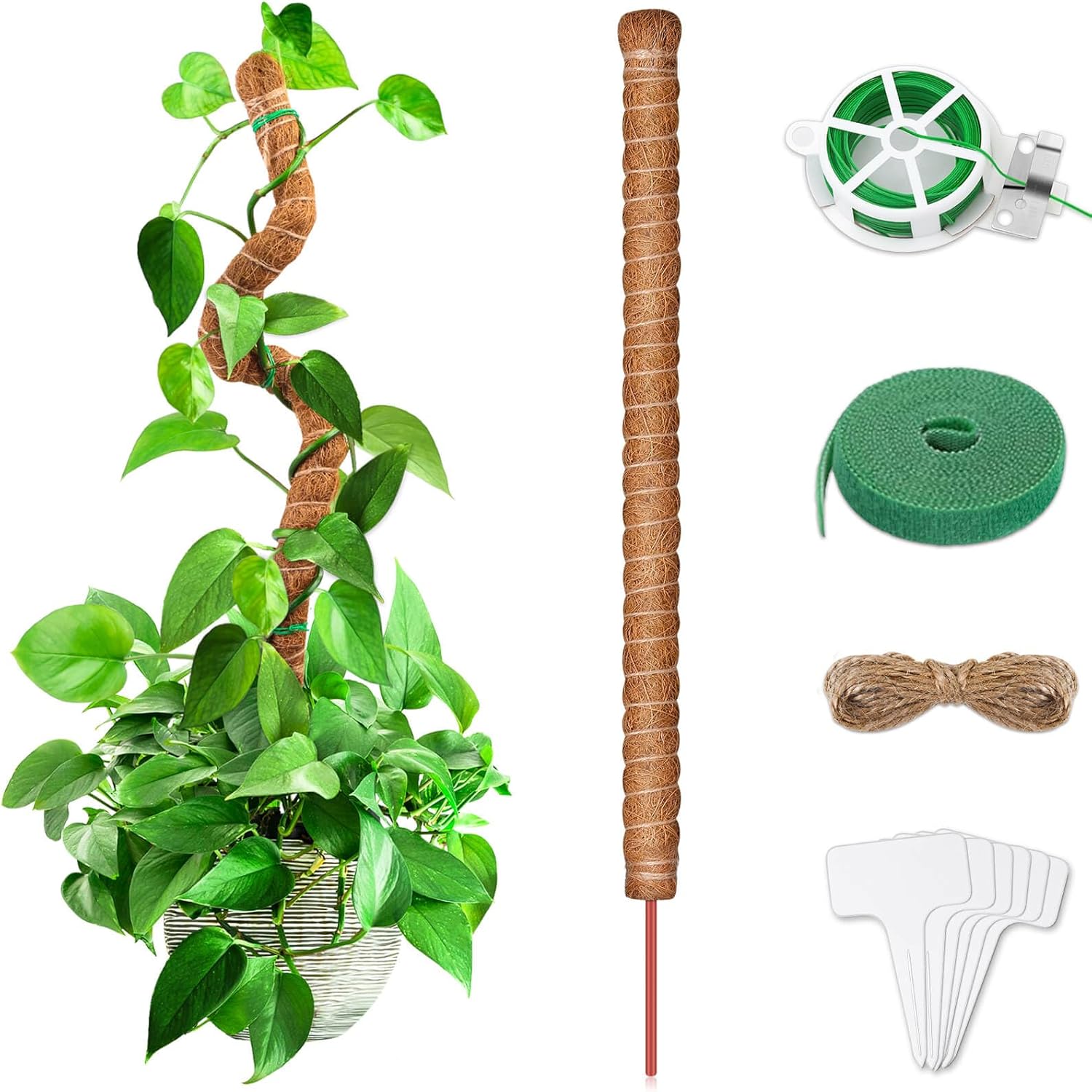 1 Pack 43.3" Moss Pole Coco Coir Poles, Bendable Plant Stakes Moss Pole for Plant Monstera with Twist Ties Plant Ties Labels Jute Rope, Plant Sticks Support for Climbing Plants Growth Indoor