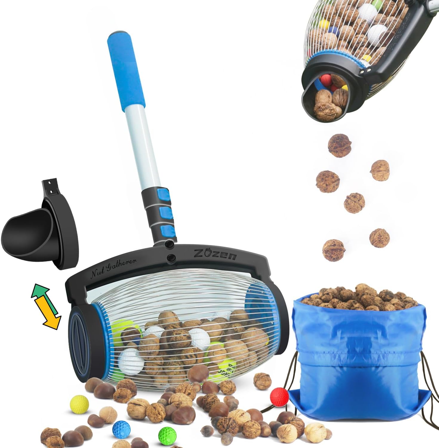 Zozen Nut Gatherer, 2 Dumping Method/Walnut Picker Upper Roller, Pine Cone Picker Upper - Apply to Pinecone, Hickory, Chestnuts, Buckeyes, Golf, Crab Apple Objects Size 1'' to 2.5''; 1.5 Gallon