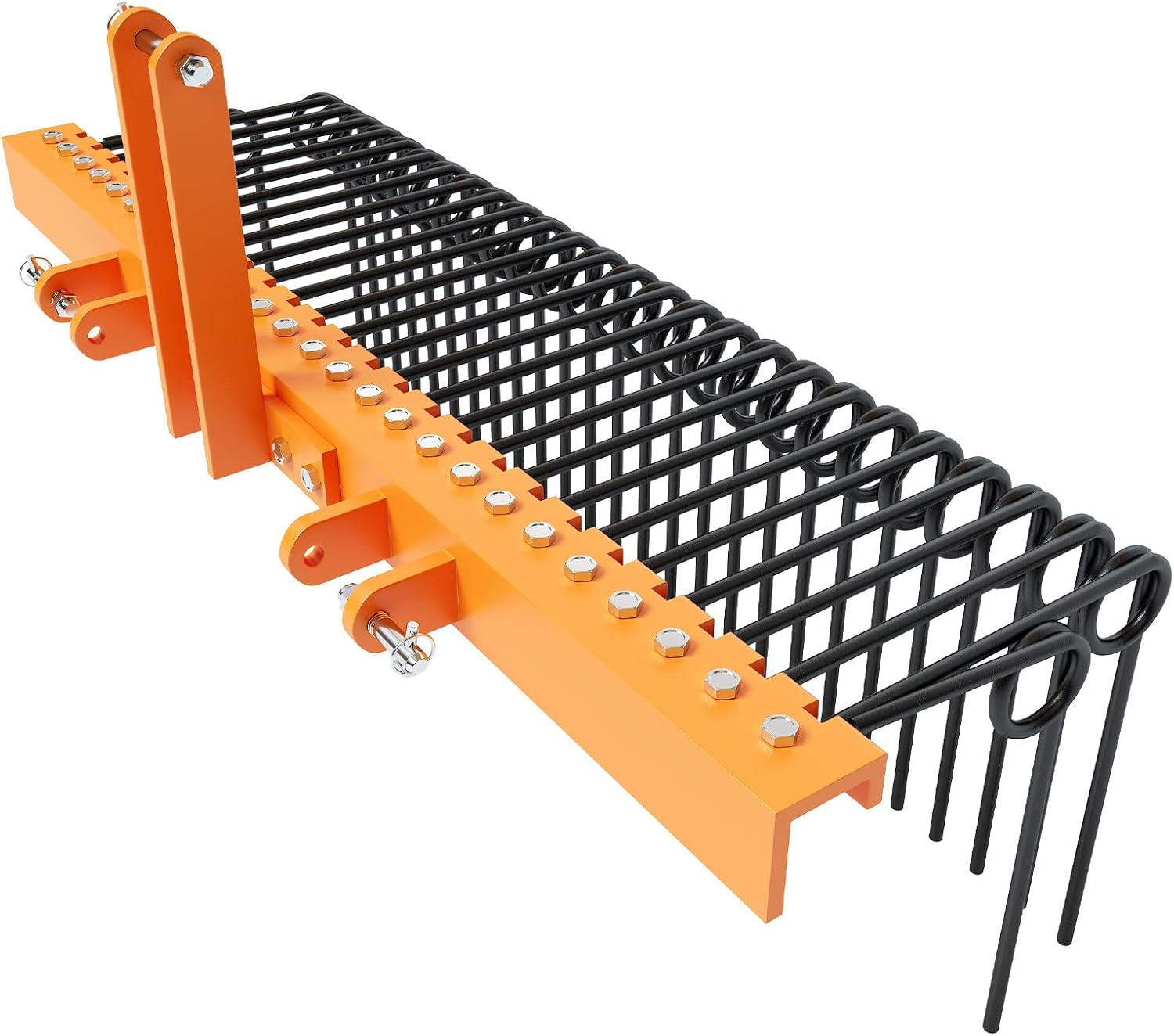 72 Inch 3 Point Tractor Rake, Pine Straw Needle Rake, Durable Powder Coated Steel Spring Landscape Rake Fit for Cat0, Cat1, Orange