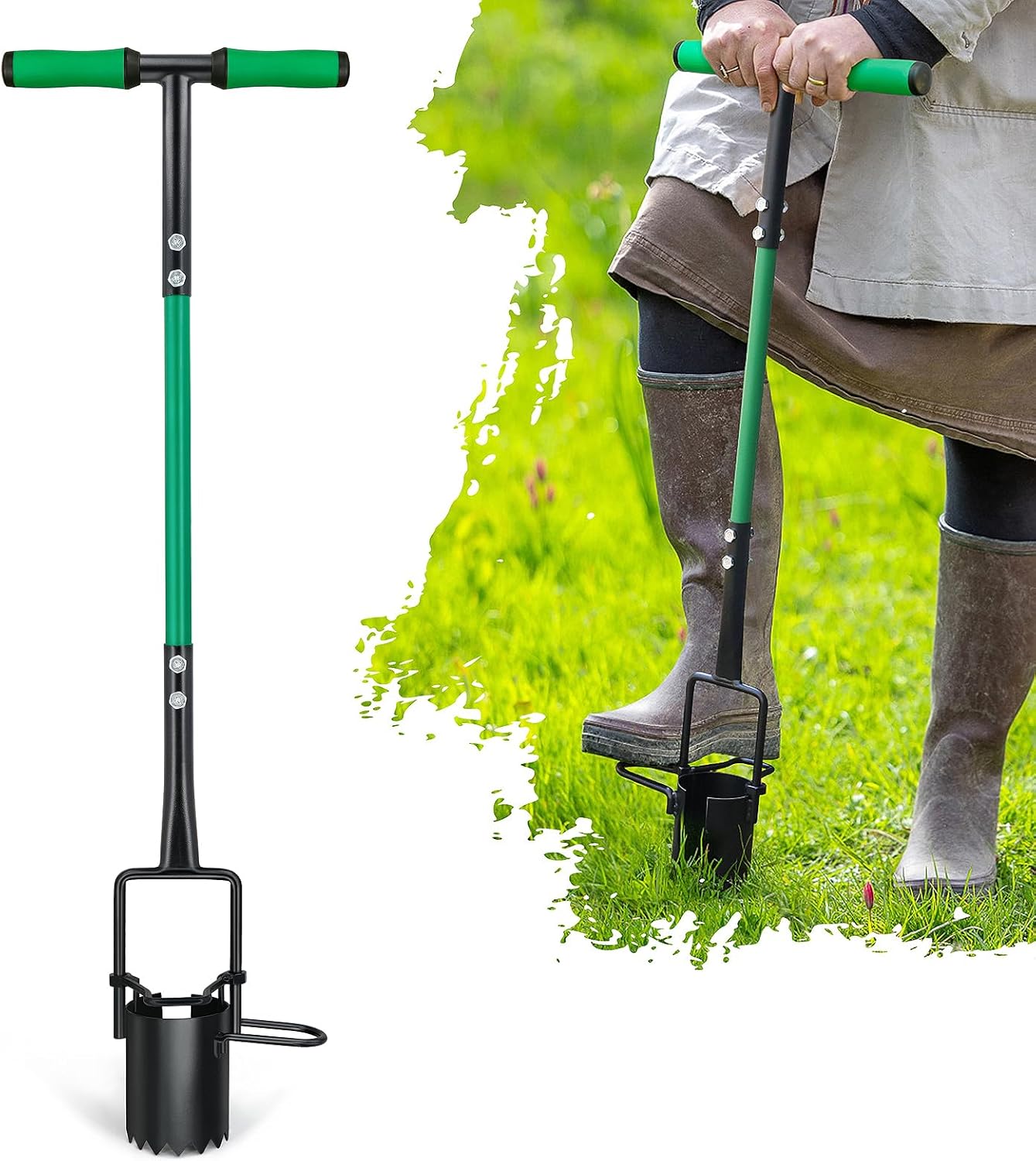 5-in-1 Lawn Plug Garden Tool, Updated Bulb Planter Long Handle for Digging, Weeding, Soil Sampler, Transplanting, Sod Plugger with for Digging Holes to Plant Tulips, Iris, Daffodils