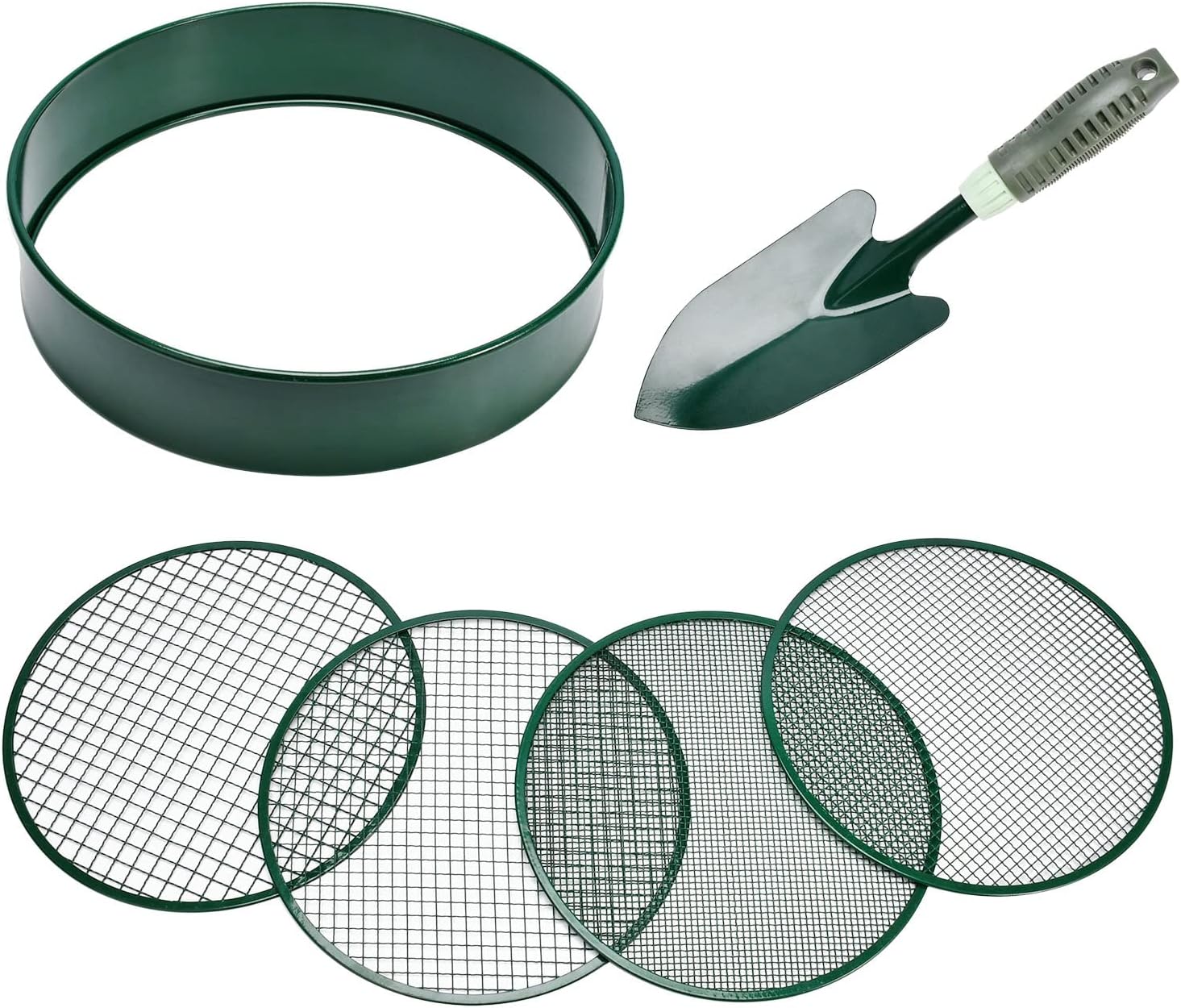 Soil Sieve Garden Riddle Sieve 12" Diameter, Fine Mesh Soil Sieve, Potting Sieve with 4 Interchangeable Filter Mesh Sizes 3,6,9,12mm and Shovel