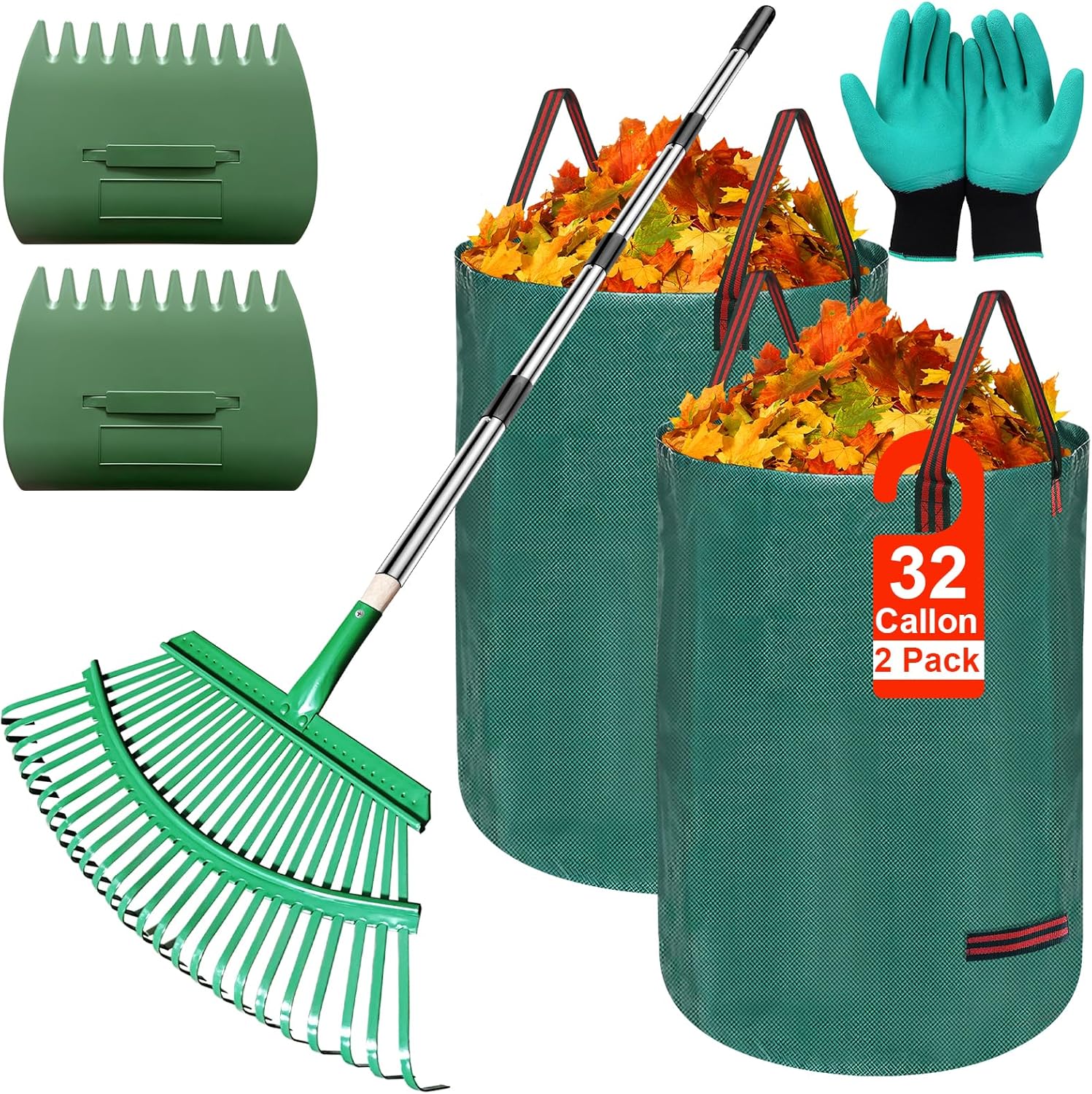 5-in-1 Garden Leaf Rake Tool Set ,Adjustable Leaf Rake with 2 Large Leaf Collector Bag,A Pair of Leaf Grabbers and A Pair of Work Gloves– Perfect for Yard Cleanup, Lawn Maintenance, Outdoor Gardening