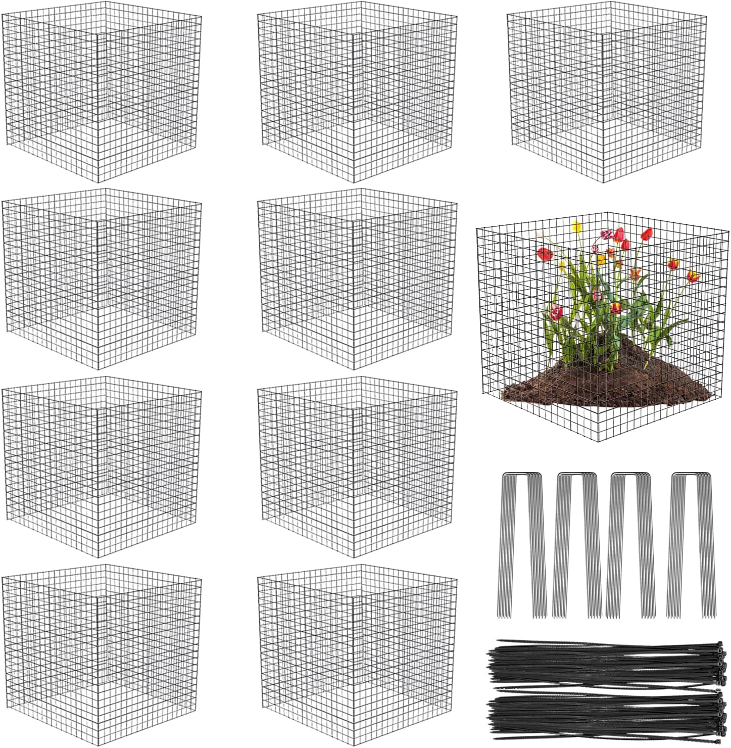 10 Pack Wire Plant Protectors Square Wire Plant Cages Mesh Plant Cage Chicken Wire Cloche with 40 Ground Stakes and 200 Nylon Ties Protect Plants, Garden,Shrubs and Vegetables from Animals, 12x12 inch