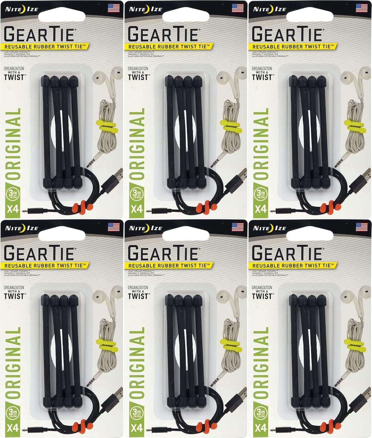 Nite Ize 4-Pack Gear Tie Reusable Rubber Twist Tie, 3" - Black (6-Pack)