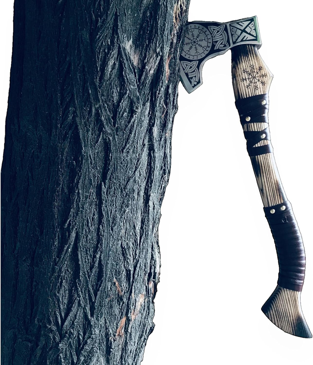 [Dark Warrior] Handmade Forged Carbon Steel Aegishjalmr Viking Axe with Sheath - Traditional Norse Bearded Axe Hatchet - 'Helm of Awe' Symbol Hand Craved Solid Handle (Aegishjalmr Viking Axe 22")